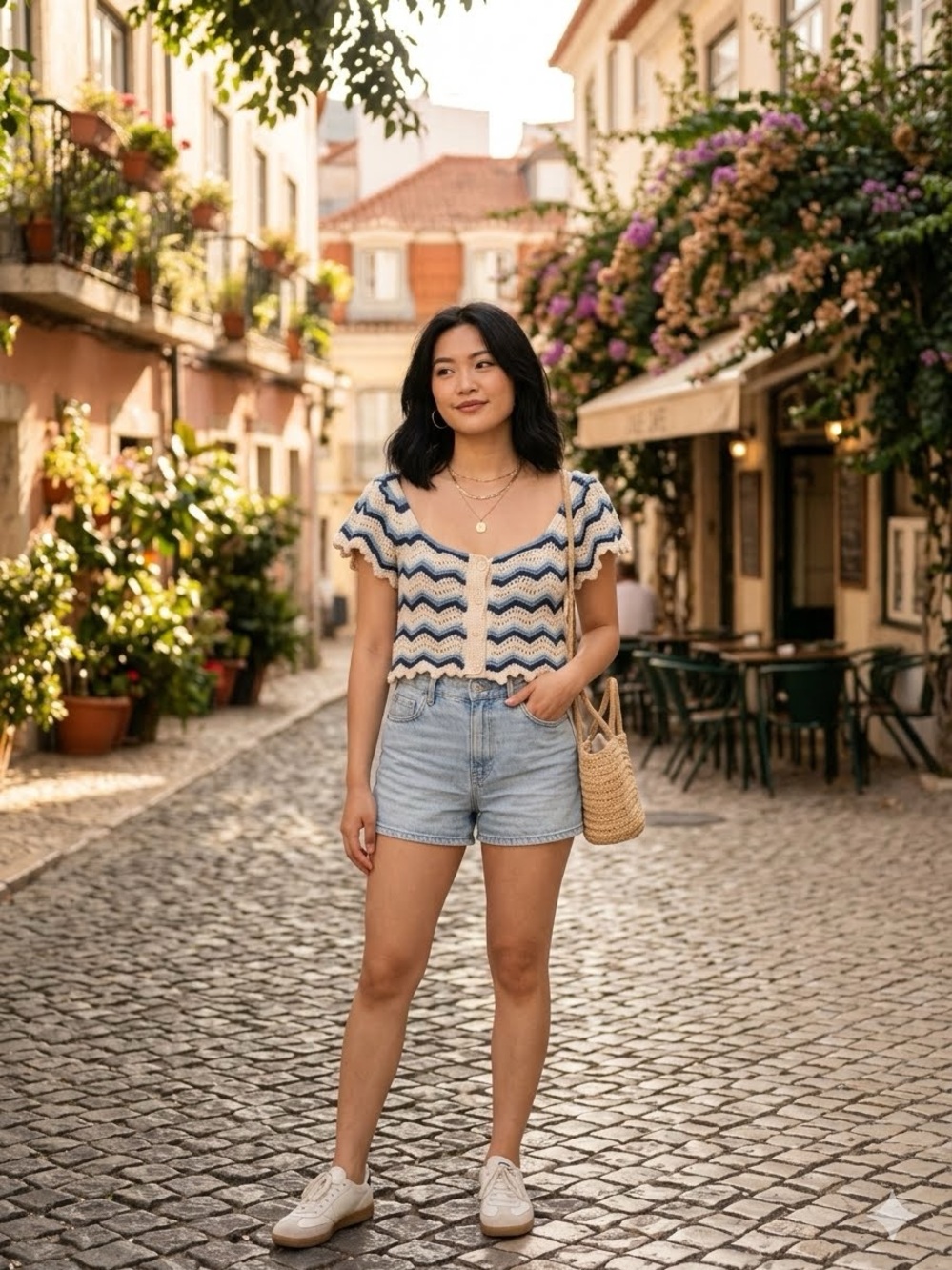 Zara Crochet Chevron Knit Top - Blue & Cream, Scalloped Flutter Sleeve Size M